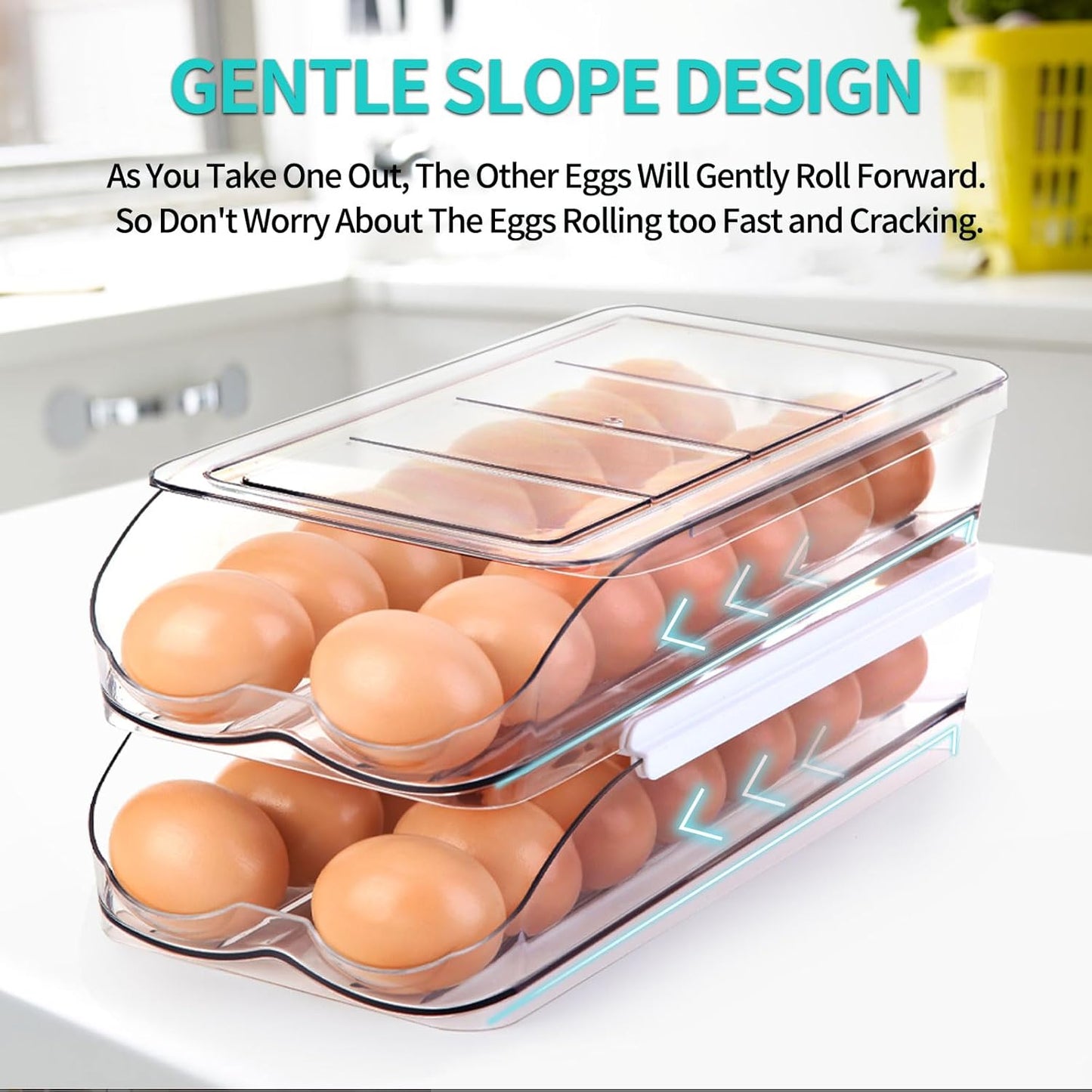 Egg Holder for Fridge, Automatic Rolling Egg Container for Refrigerator, Stackable Fridge Organizers and Storage with Lid, Clear Plastic Egg Dispenser & Tray (2 Tier) - TrendyLookz