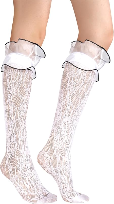 Benefeet Sox Fishnet Knee High Socks with Ruffles for Women Girls Kawaii Cute Fancy Frilly Lace Knee High Stockings with Bow