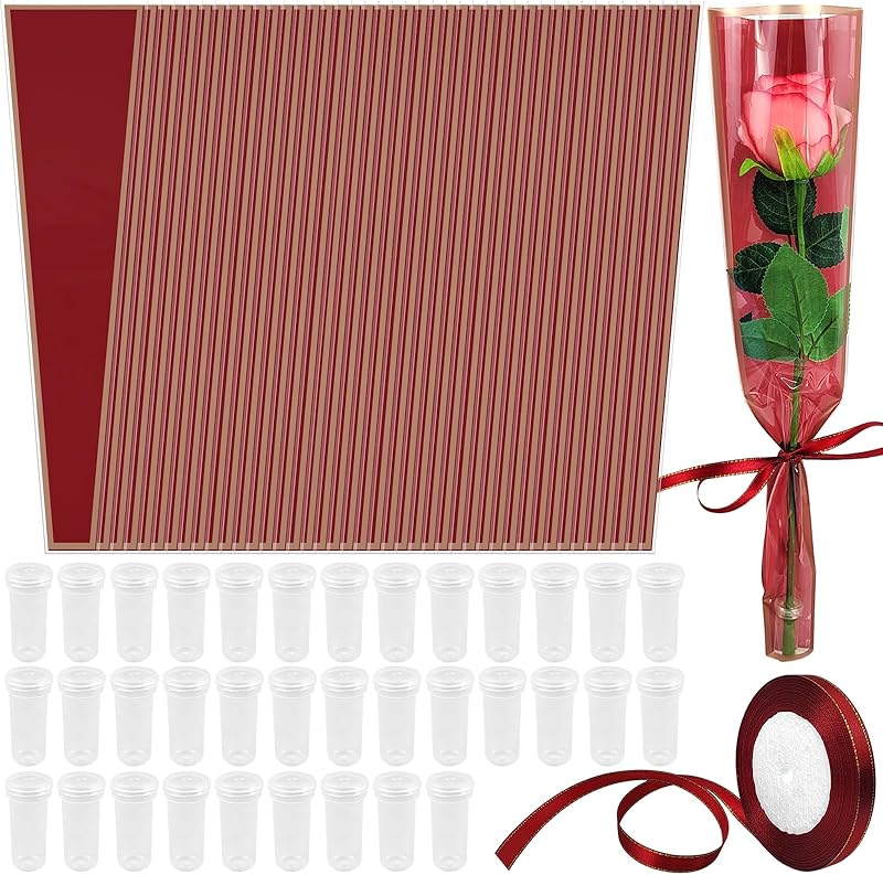 Flower Packaging Kit, 100 Flower Wrapping Bag Single Rose Sleeve 100 Floral Water Tubes 72ft Ribbon Single Flower Packaging Bags for Wedding Party Florist Birthday Bouquet Flower Wrapping (White)