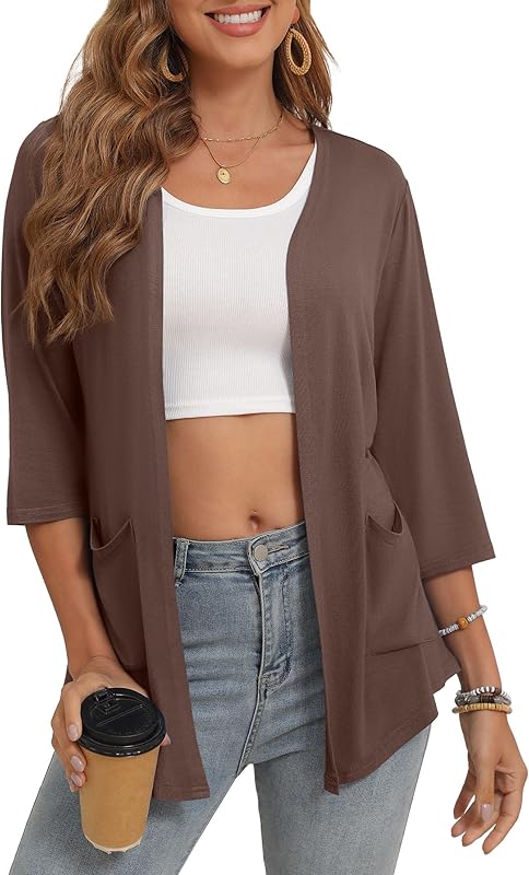Women's 3/4 Sleeve Open Front Cardigan Casual Loose Lightweight Cardigans with Pockets