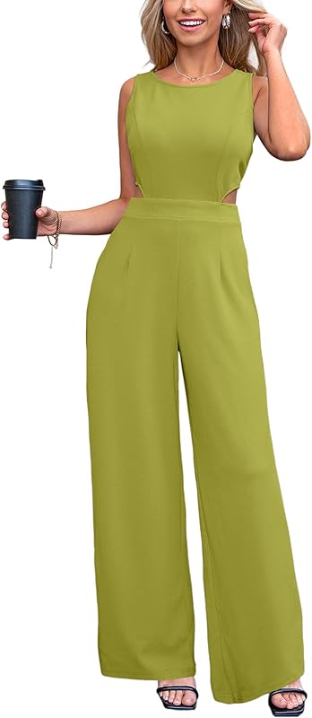 CUPSHE Combinaison pour femme avec découpe col rond sans manches et dos nu, jambes longues et larges, style élégant et décontracté