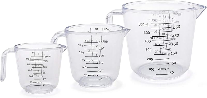 Plastic Measuring Cup Set, Kitchen Cooking and Baking Seasoning Liquid Measuring Cup, Multiple Scale Identification, with Handle and Triangle Mouth, 150ml, 300ml, 600ml, 3-piece Set (Pink)