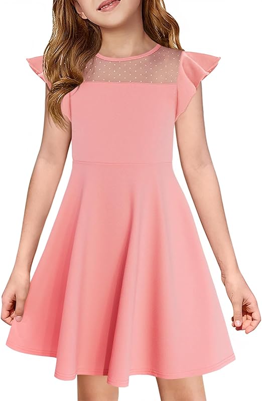 Haloumoning Girls Dress Summer Ruffle Sleeve Mesh A Line Casual Party Dresses with Pockets for Kids 4-14 Years
