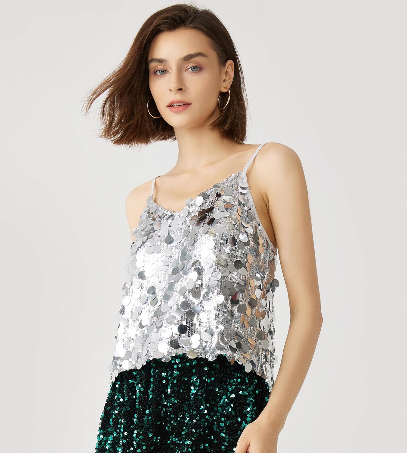 Women's Sequin Tops - V-Neck Sparkle Tank Tops - Spaghetti Strap Shimmer Camisole Party Club Cocktail Cami