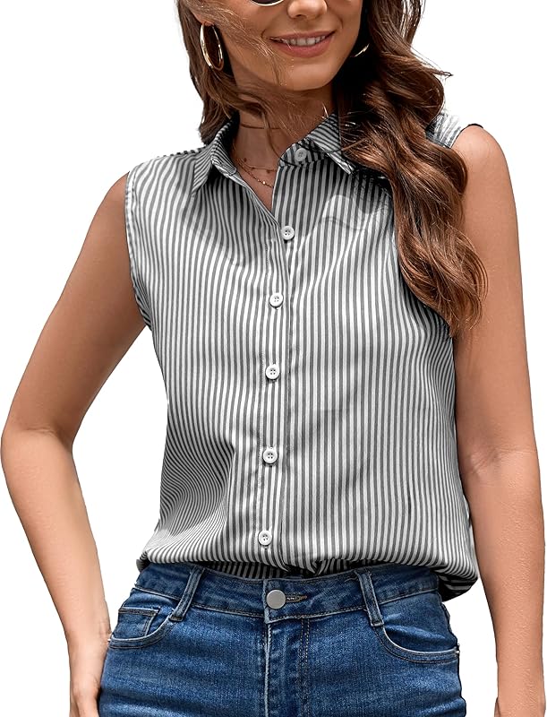 YAMANMAN Womens Sleeveless Button Down Shirt Classic Collared Blouse Basic Tank Tops Work Office Chiffon Tops