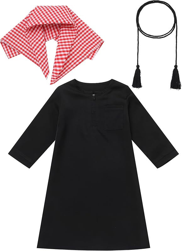 IDOPIP Muslim Baby Boys Prayer Clothes Kaftan Thobe Arabic Islamic Abaya Dubai Robe with Head Scarf + Rope Ramadan Eid Outfit