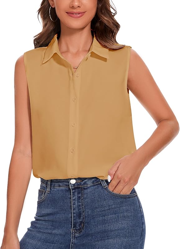 YAMANMAN Womens Sleeveless Button Down Shirt Classic Collared Blouse Basic Tank Tops Work Office Chiffon Tops
