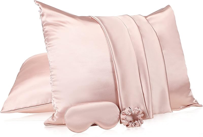 2 Pack Satin Pillowcase with Latent Zipper, Adjustable Satin Eye Mask for Sleeping and Satin Volume Scrunchie for Hair and Skin, Standard Size (Brown,Leopard Style)