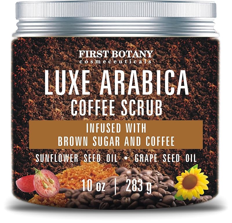 First Botany Cosmeceuticals, 100% Natural Arabica Coffee Scrub with Organic Coffee Coconut & Shea Butter Acne Anti Cellulite & Stretch Mark treatment Spider Vein Therapy, Varicose Veins Eczema, 10 oz