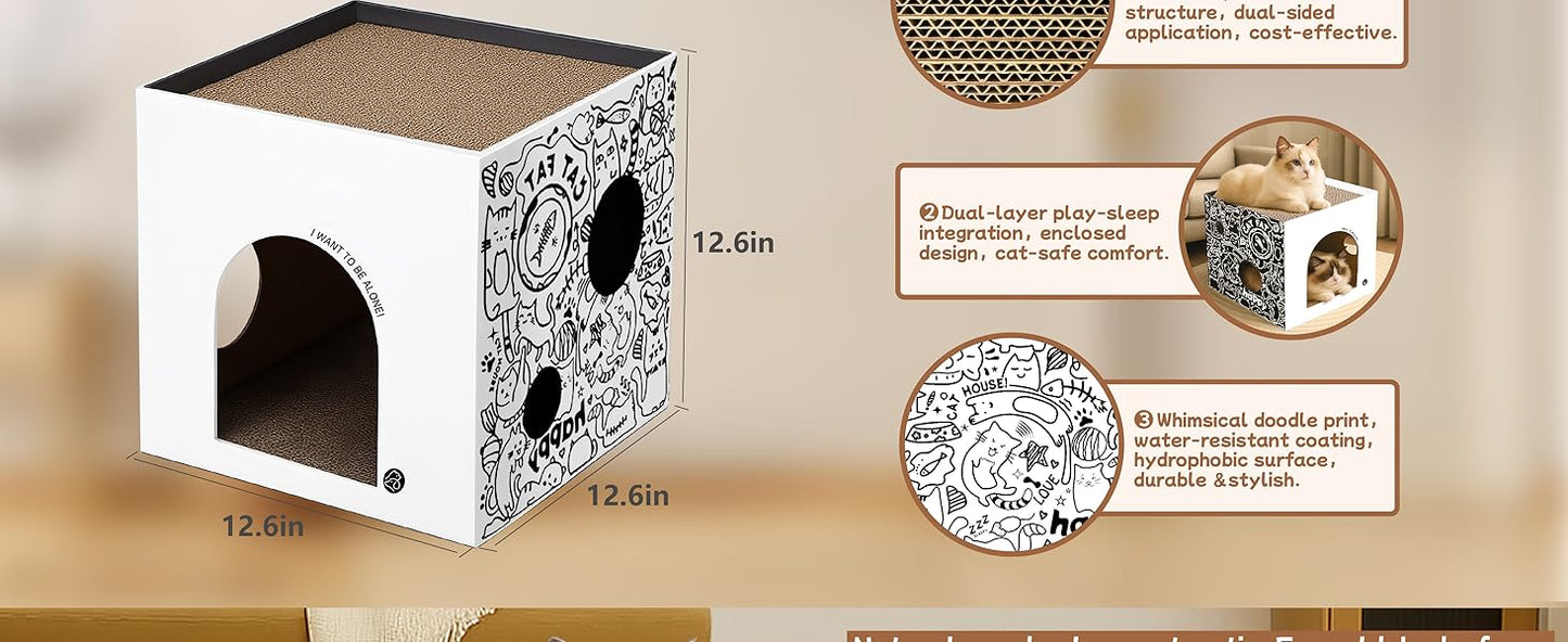 Dual-Level Cat Scratcher & Cozy Cat Cave House - Space-Saving Durable Corrugated Fiberboard for Indoor Cats, Furniture Protector with Adventure-Ready Design Cardboard Cat House