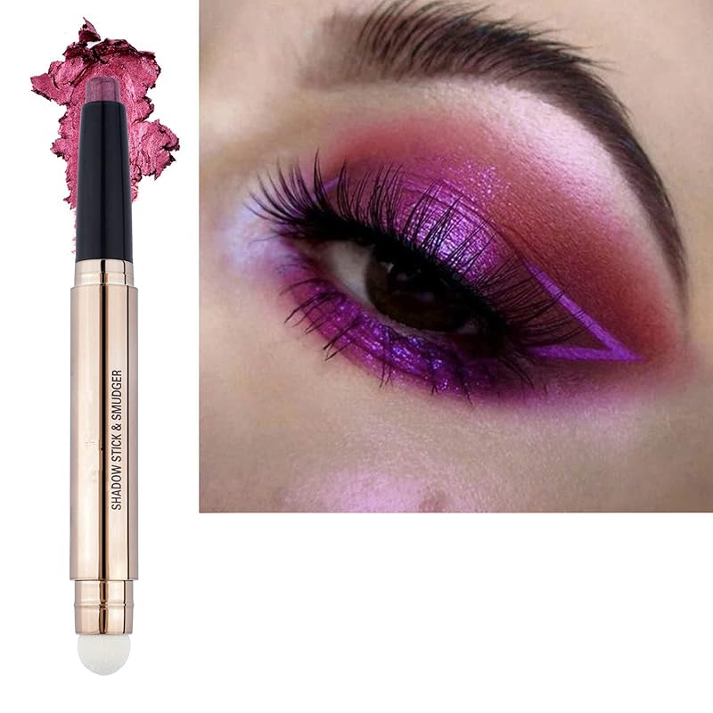 2 in 1 eyeshadow stick and Sponge Makeup Brush, Smooth Cream Shimmer Shadow Pencil Long Lasting Waterproof Eye Shadow Highlighter Stick Makeup , Hypoallergenic Highlighter Multi-Dimensional eyes Look