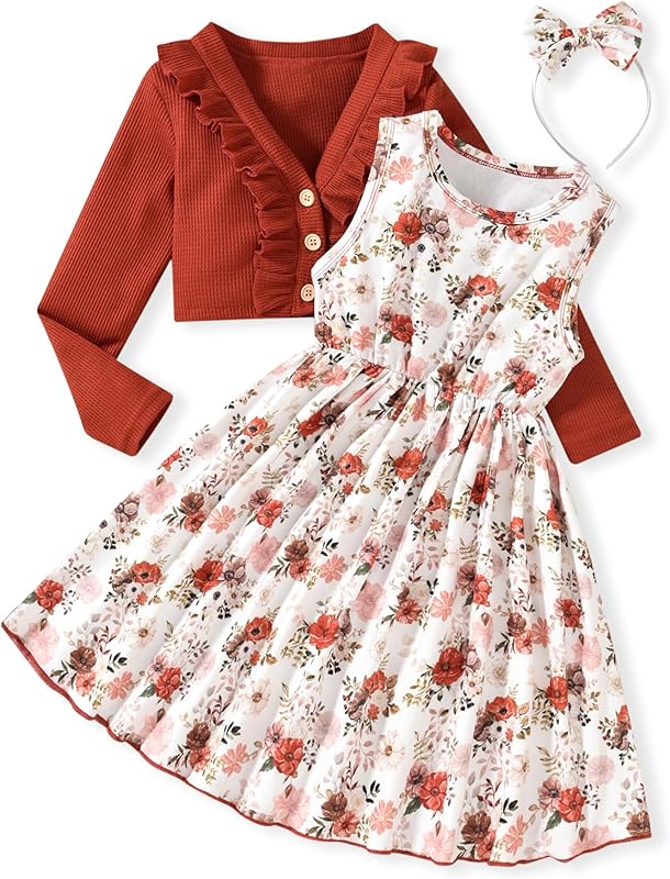 HINTINA Toddler Little Girls Dress And Cardigan Sets 2 Piece Floral Print Sleeveless Dress and Long Sleeve Cardigan Set