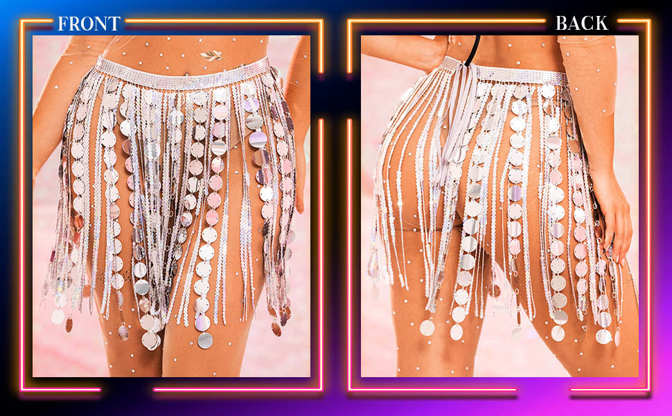 Aukmla Women Sparkly Sequin Belly Dance Skirt Fringe Festival Hip Scarf Dots Tassel Skirts