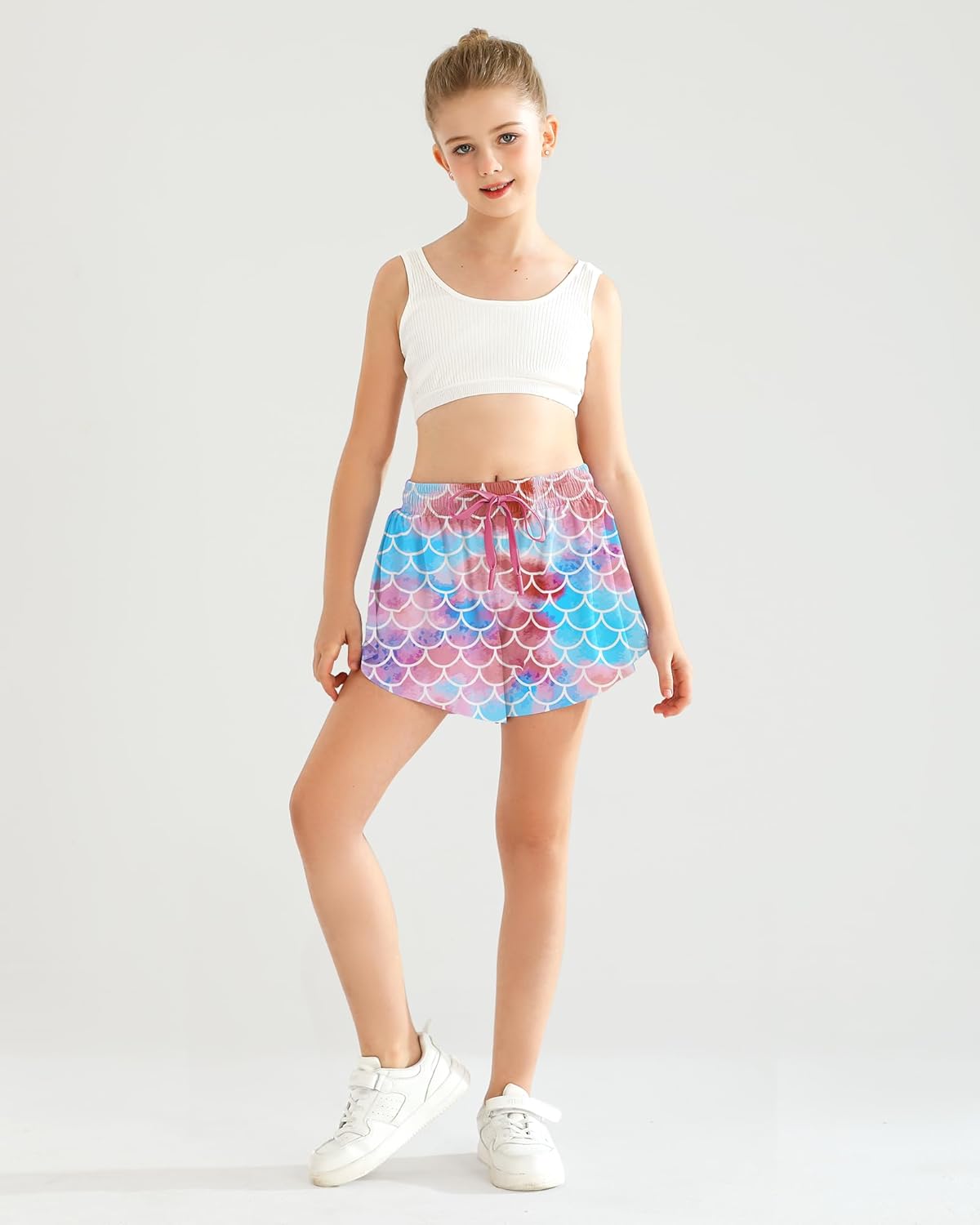 Girls Flowy Athletic Shorts with Pocket Kids Spandex 2 in 1 Drawstring Butterfly Skorts for Cheer, Dance, Running