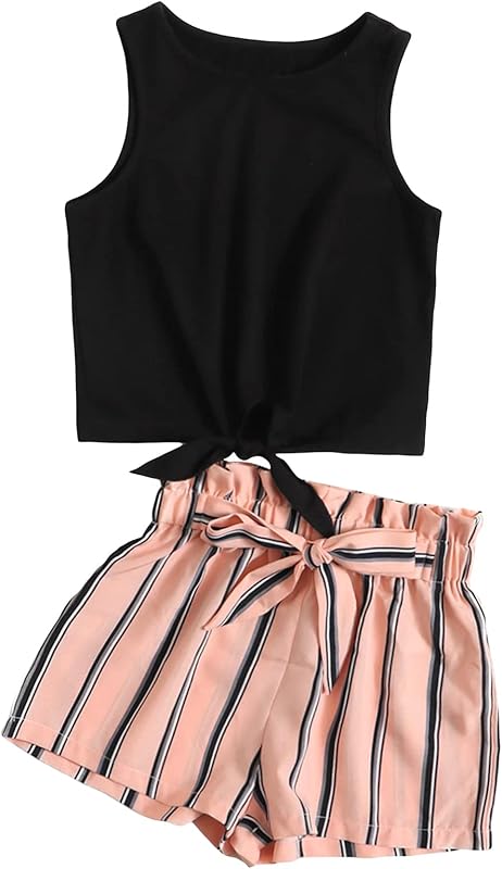 OYOANGLE Girl's 2 Piece Outfits Summer Tie Knot Tank Top and Paperbag Waist Striped Shorts Set
