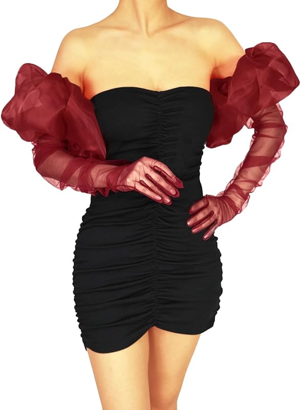 Super Puff Women's Sheer Long Oversize Tulle Mesh Gloves for Cocktail Opera Party with Puff Sleeve