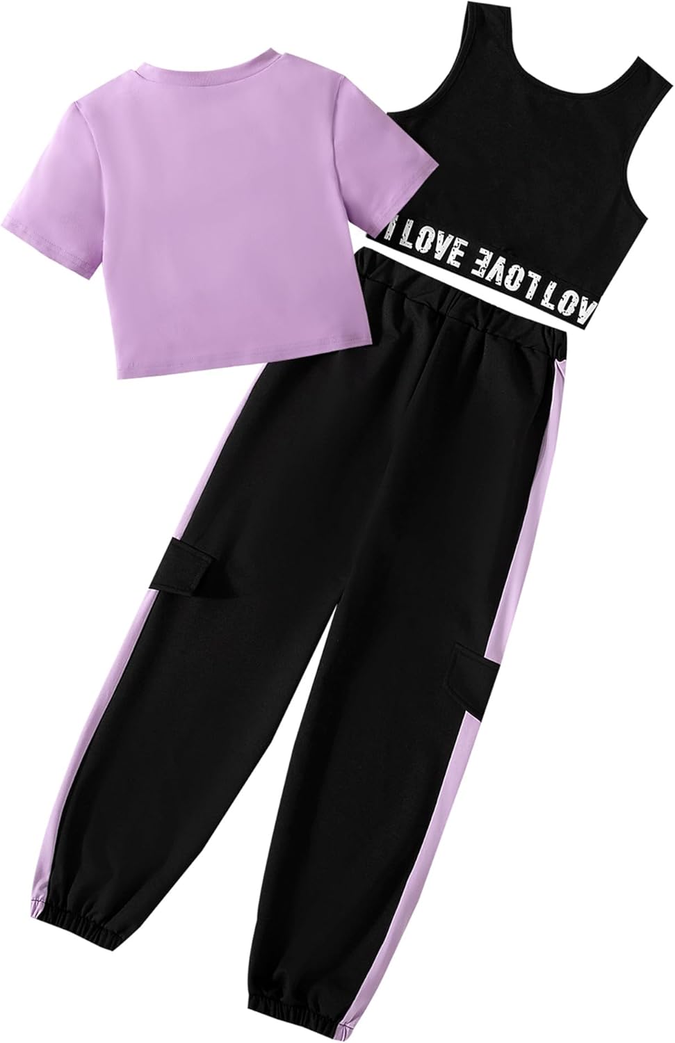 Hilinker Girl's Graphic 3 Piece Outfits Short Sleeve Crop Top Letter Tank and Sweatpants Set