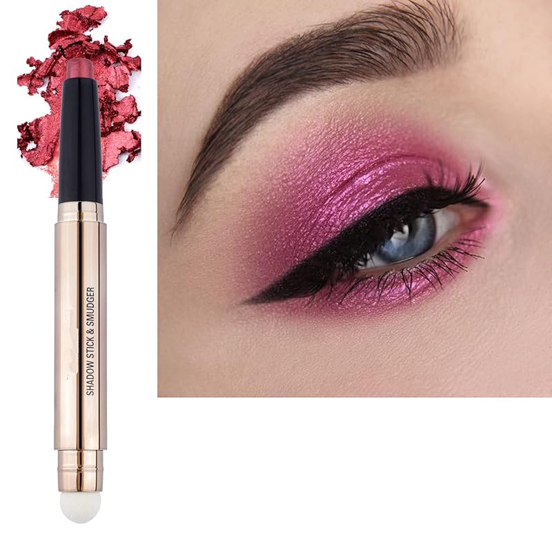 2 in 1 eyeshadow stick and Sponge Makeup Brush, Smooth Cream Shimmer Shadow Pencil Long Lasting Waterproof Eye Shadow Highlighter Stick Makeup , Hypoallergenic Highlighter Multi-Dimensional eyes Look