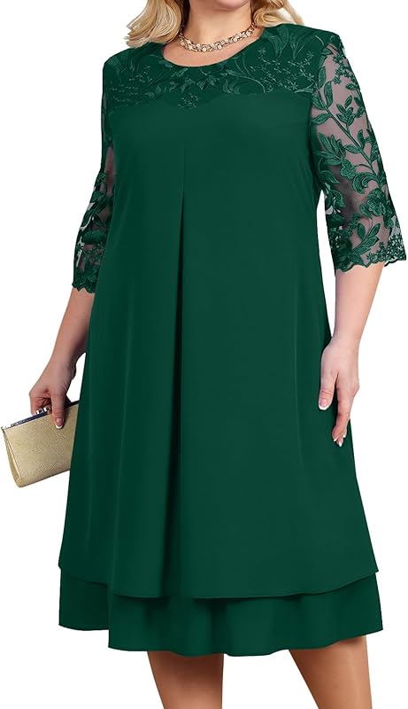 shownicer Femmes Robe Manches 3/4 Grande Taille Robes Elégante Robe De Soiree Fête Dentelle Robe de Soirée Cérémonie Cocktail Mariage