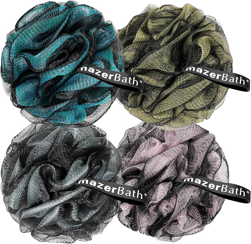 AmazerBath Charcoal Loofah Sponge, Shower Loofah 60g/PCS - Body Scrubber Loofa Set of 4 - Charcoal Blue, Gray, Pink & Army Green, Bath Sponge for Men and Women