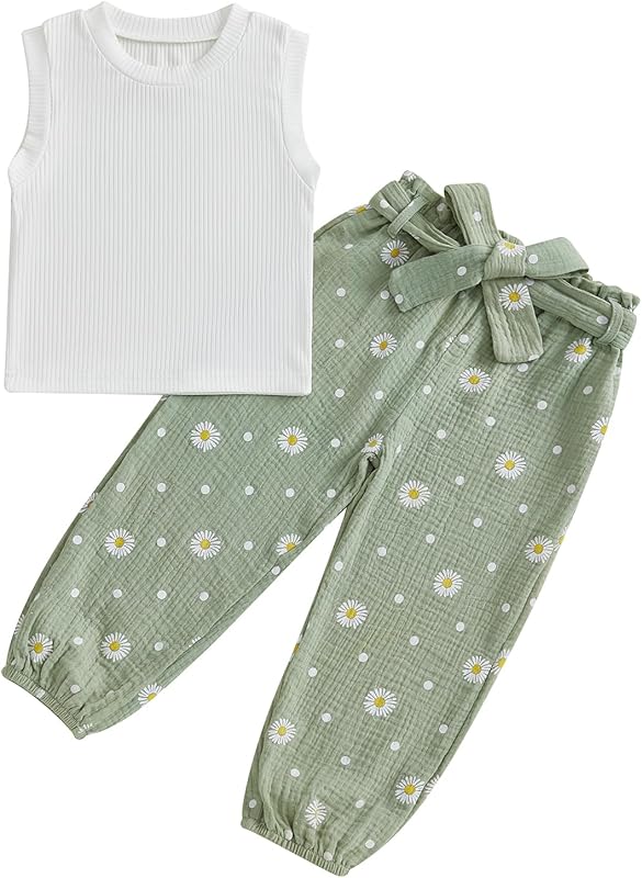 Kaipiclos Toddler Baby Girl Clothes Ribbed Knit Sleeveless Tank Top & Bow Plaid Pants 2 Piece Spring Summer Outfit Set 12M-5T