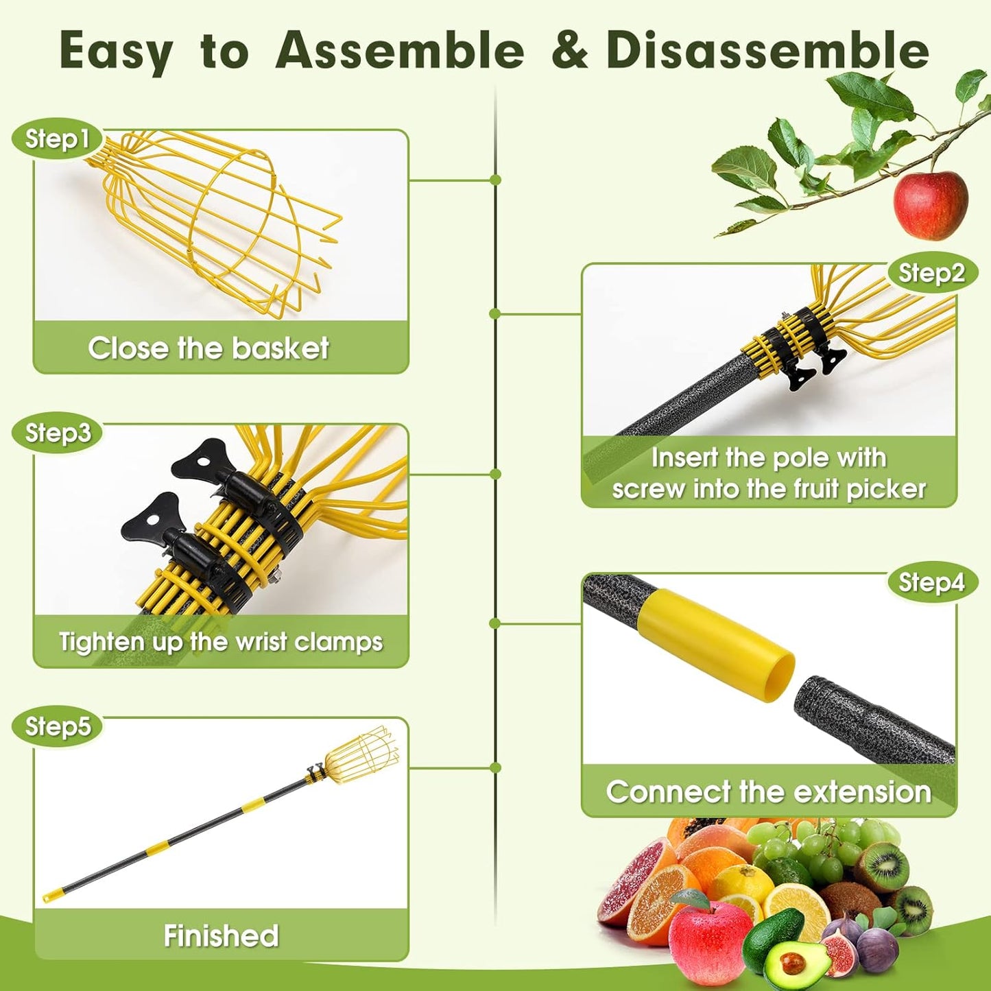 Fruit Picker Tool,Apple Picker Pole with Basket,5.5 FT Adjustable Fruit Picker Pole with Basket Telescoping,Sturdy Basket with Foam Pad for Picking Avocado Acorn Lemon Pear Mango……