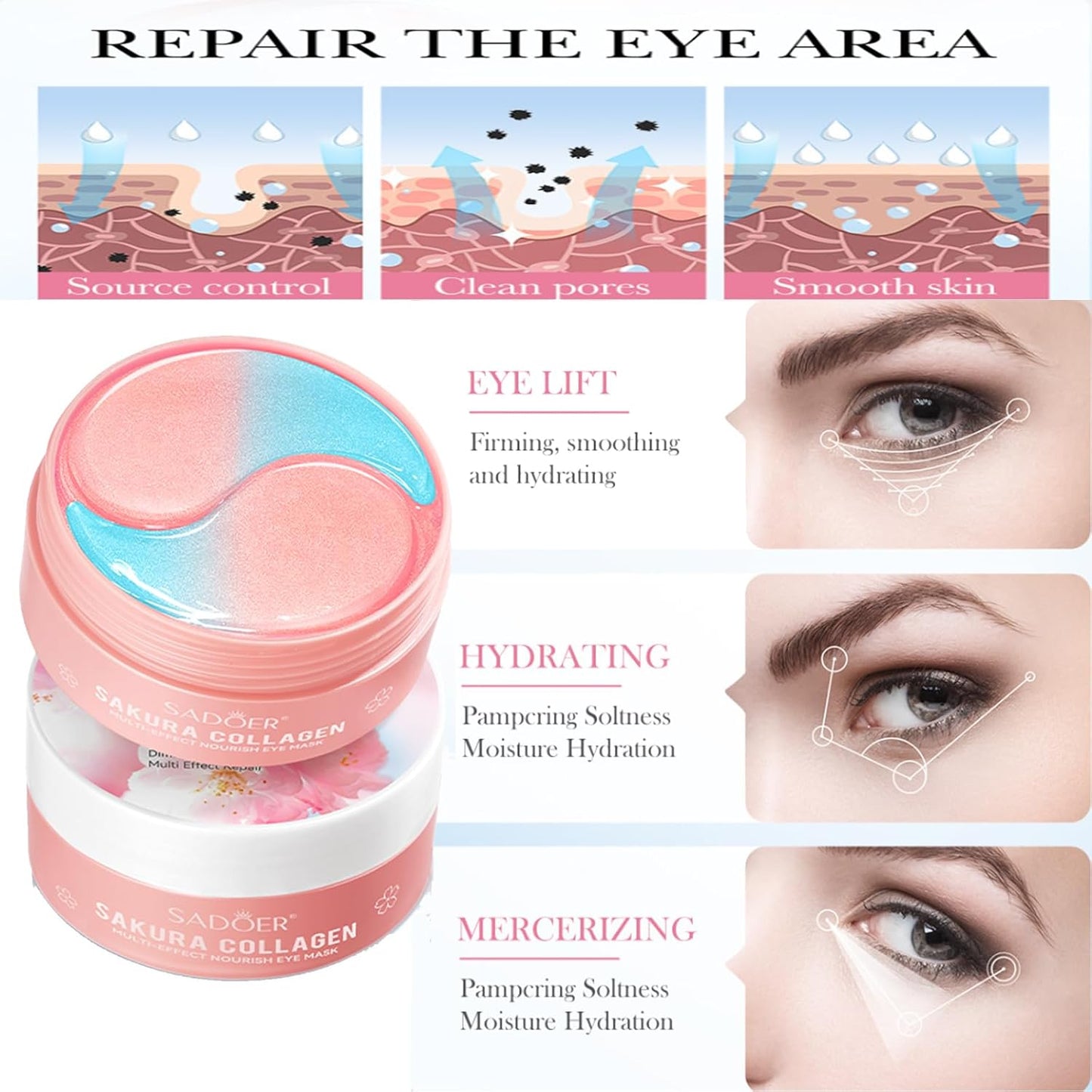 Sakura Eye Masks, 30 Pairs Collagen Gel Under Eye Patches, Crystal Eye Masks Reduce Wrinkles and Dark Circles, Moisturizing & Anti-Aging Reducing Eye Wrinkles Skincare