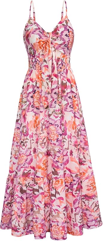 GRACE KARIN Women's 2025 Summer Maxi Dress Floral Tie Front Spaghetti Strap Casual Boho Beach Flowy Sundress with Pockets