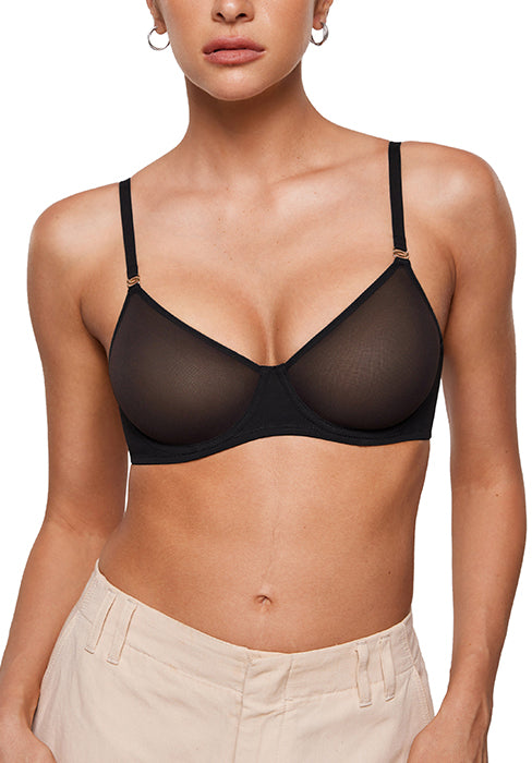 INLYRIC Women's Cosnufy Sheer Balconette Bra Demi Unlined Plunge Mesh See Through Sexy Bras Underwire