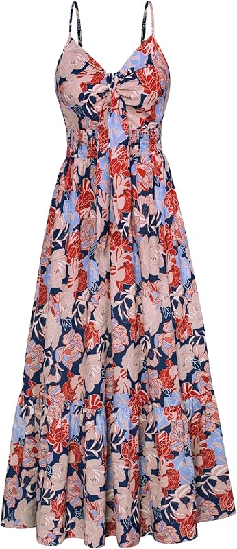 GRACE KARIN Women's 2025 Summer Maxi Dress Floral Tie Front Spaghetti Strap Casual Boho Beach Flowy Sundress with Pockets