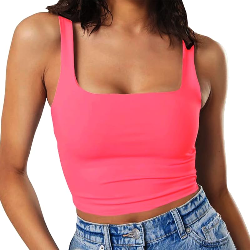 Artfish Women's Sleeveless Strappy Tank Square Neck Double Layer Workout Fitness Casual Basic Crop Tops