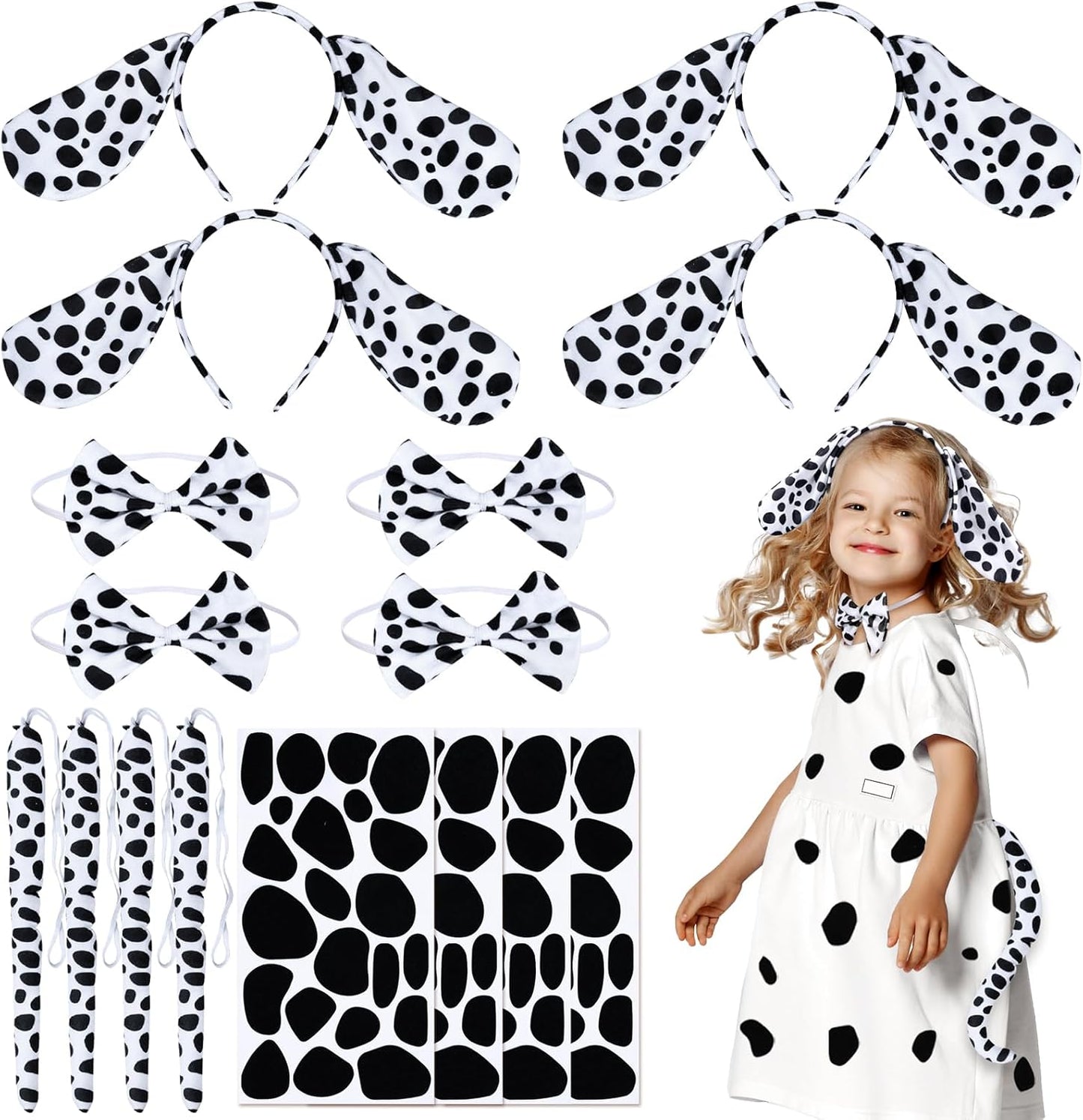 Girls 101 Days of School Costume Set 16Pcs Dog Ear Headbands Bow tie Tail Dalmatian Dog Costume Accessories for World Book Day Cosplay Dress Up