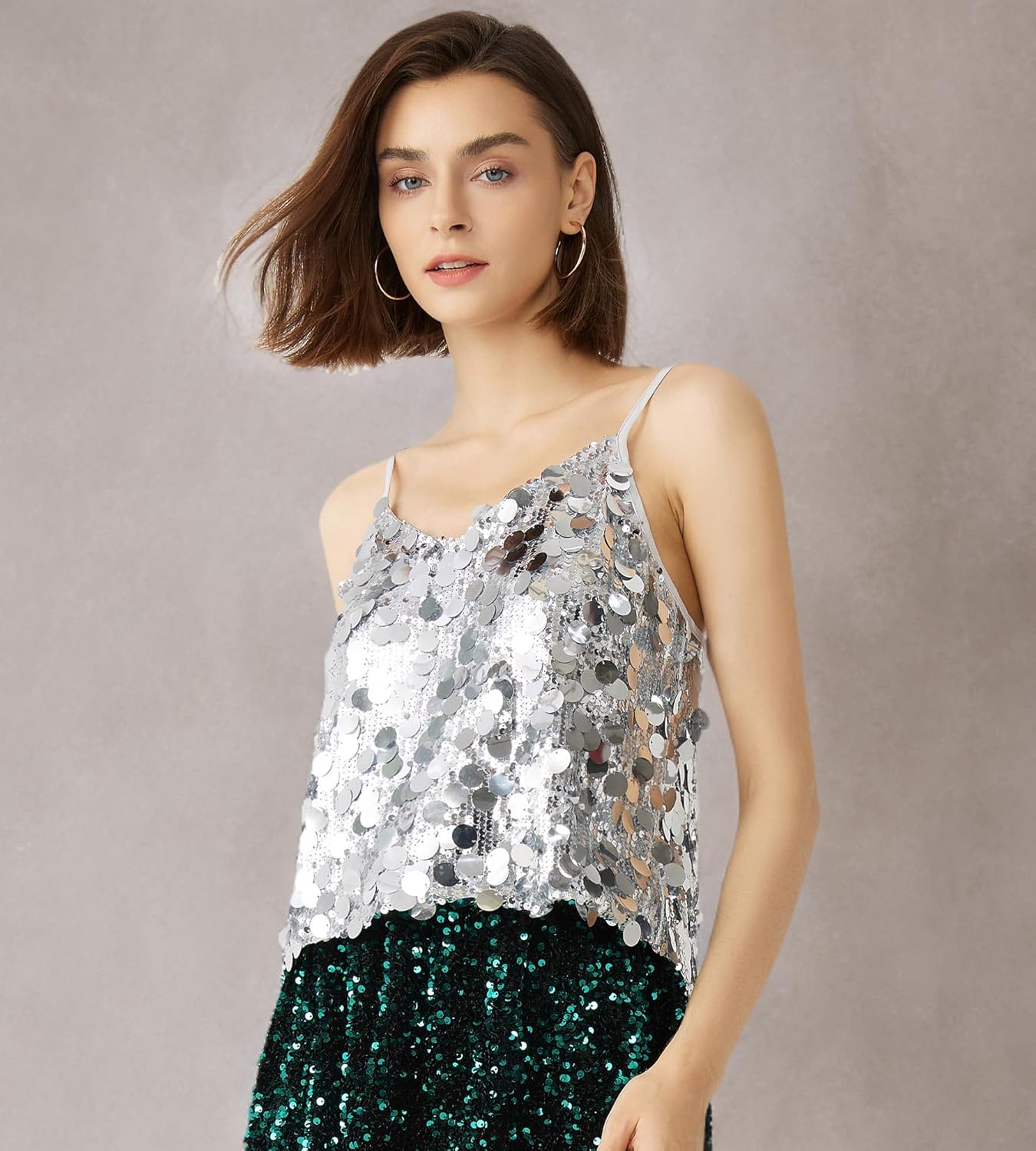 Women's Sequin Tops - V-Neck Sparkle Tank Tops - Spaghetti Strap Shimmer Camisole Party Club Cocktail Cami