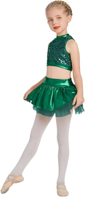 IBAKOM Girls Sequins Dance Outfits Halter Metallic Crop Top Camisole Tutu Skirt Hip Hop Clothes Kids Jazz Dance Costume