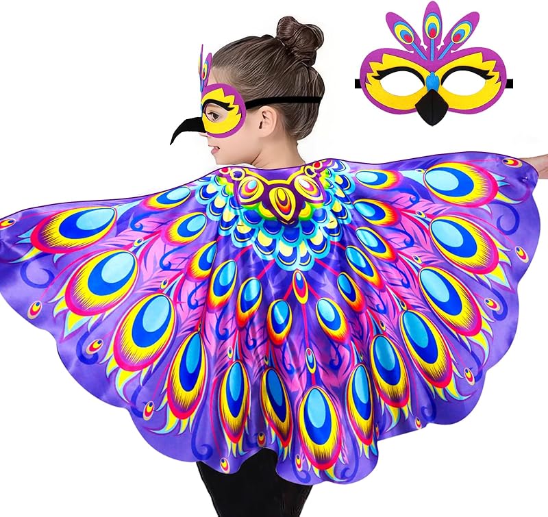 iROLEWIN Toddler Peacock-Bird-Costume for Kids Dress-Up Wings 3D Bird Mask Feathered Cape as Animal Jungle Party Toys Gifts