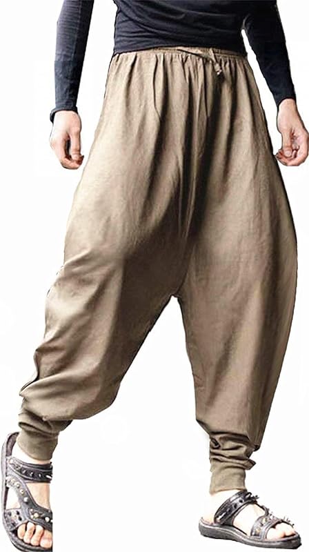 AITFINEISM Men's Drawstring Aladdin Hippie Harem Pants Loose Drop Crotch Trousers