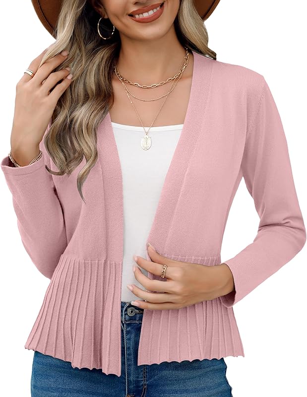 Women's Casual Open Front Lightweight Cropped Cardigans Long Sleeve Sweater Soft Draped Peplum Knit Outwear
