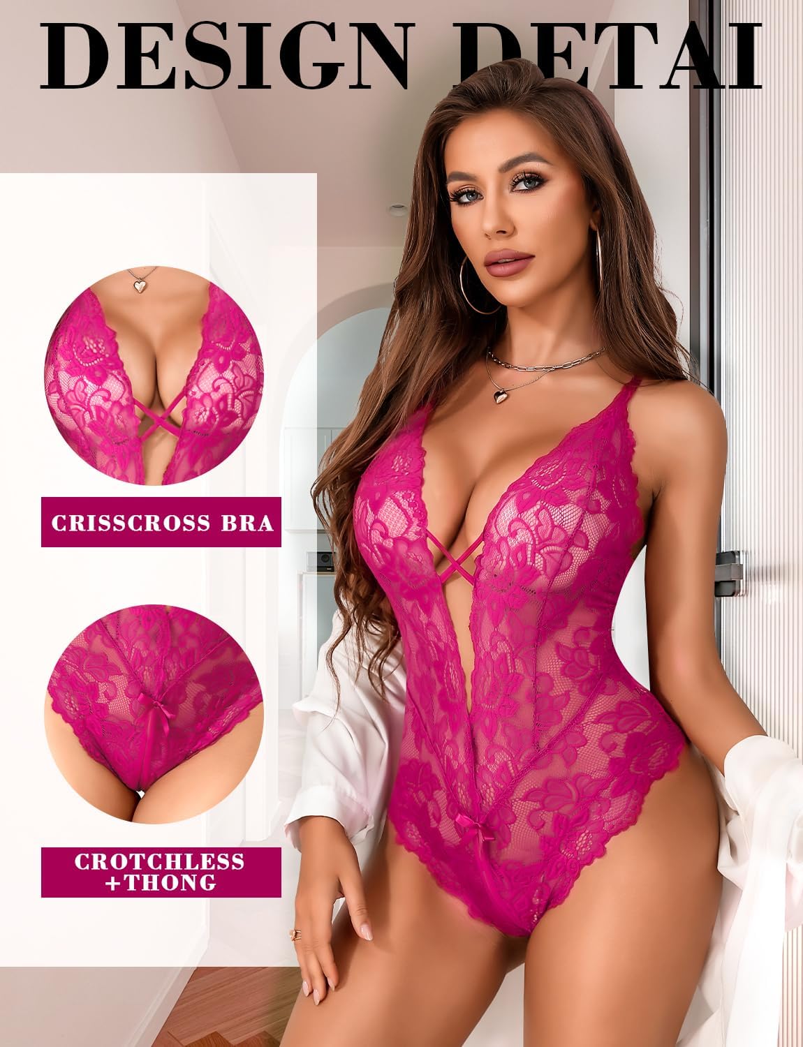Aranmei Sexy Lingerie for Women Lace Teddy Bodysuit Deep V Cut Out Matching Panty Underwear