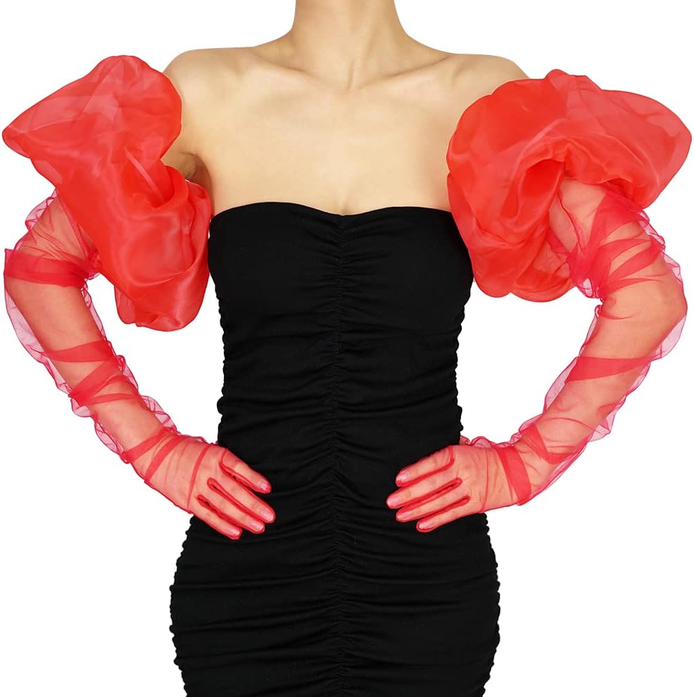 Super Puff Women's Sheer Long Oversize Tulle Mesh Gloves for Cocktail Opera Party with Puff Sleeve