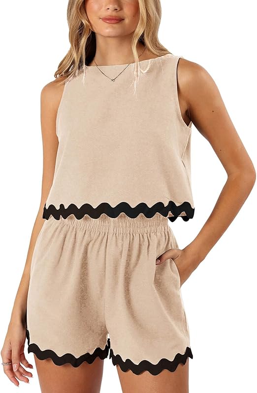 Tankaneo Womens 2 Piece Vacation Outfits Lounge Sets Casual Cropped Tank Tops Shorts Matching Set