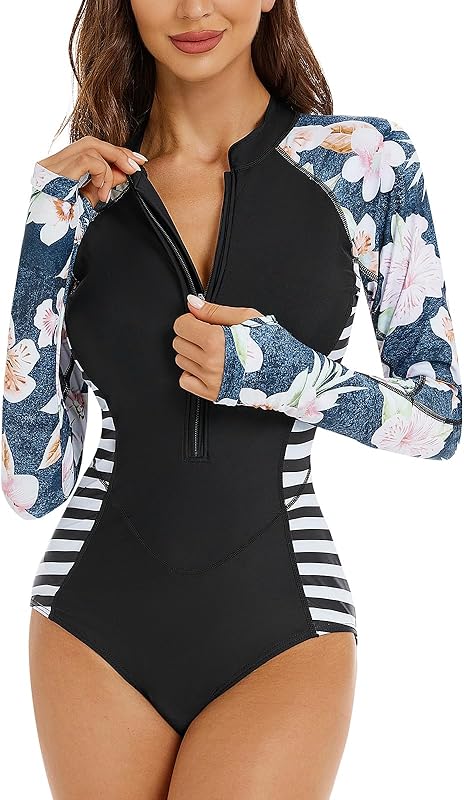 Women One Piece Long Sleeve Rash Guard UV Protection Surfing Swimsuit Swimwear Bathing Suit