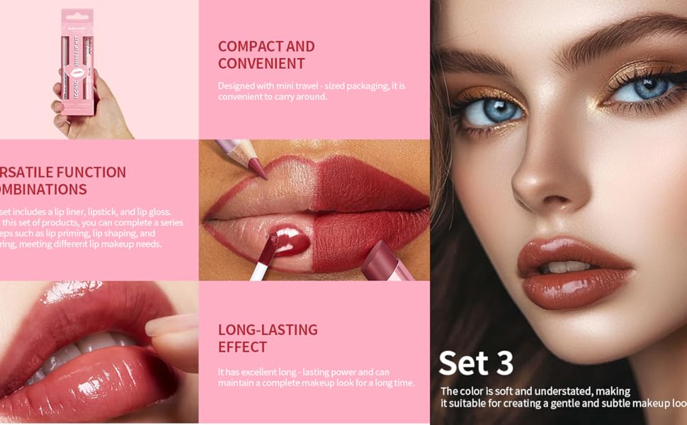 3PCS Lip Liner and Lipstick Combo Set - Matte Lip Liner Pencil, Velvet Matte Lipstick & Hydrating Collagen Lip Gloss - Long-Lasting, Smudge-Proof, High Pigment Nude Brown Lip Makeup Kit (Set 2, 3)