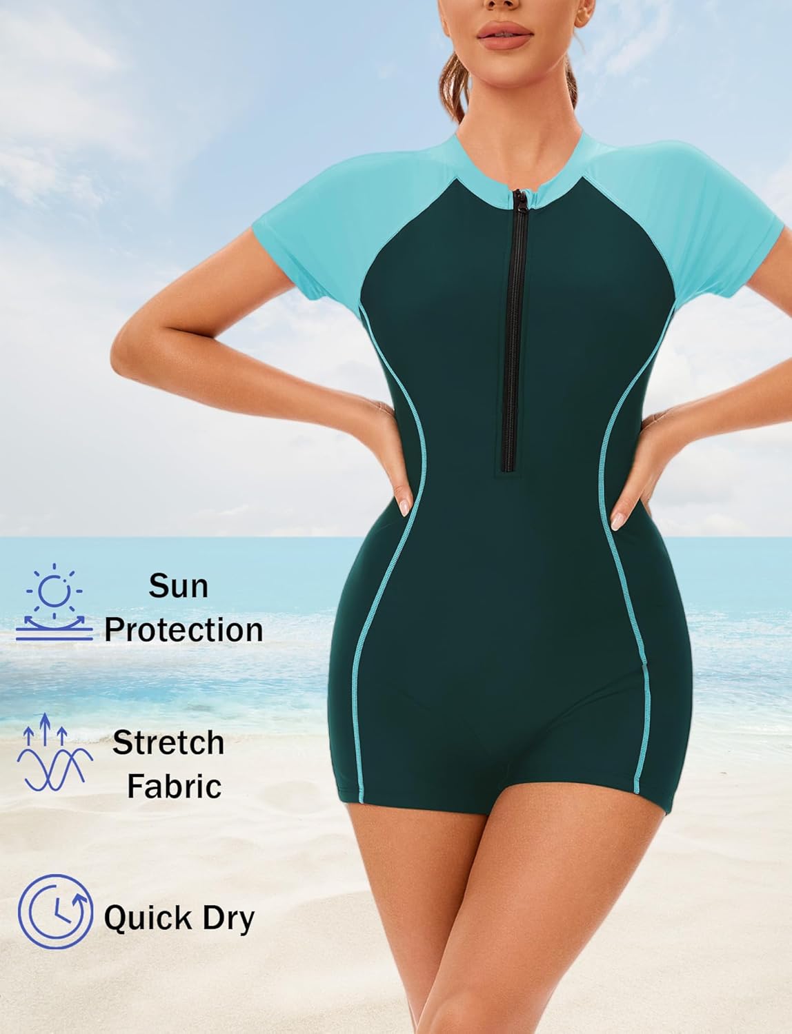 FEOYA Women's Short Sleeve Rash Guard One Piece Boyleg Bottoms Surfing Swimsuit UPF 50+ Bathing Suit for Swimming - TrendyLookz