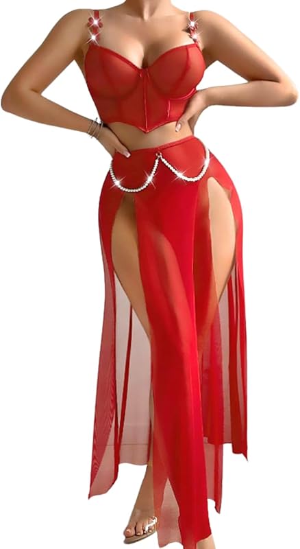 Kaei&Shi High Slit Sexy Lingerie For Women,Sheer Mesh Corset & Pearl Skirt Set,3 Piece Boudoir Outfits Exotic Dancewear