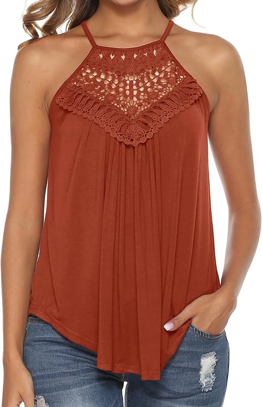 Bluetime Halter Tops for Women Sexy Sleeveless Lace Crochet Dressy Flowy Tank Top Cute Summer Shirts