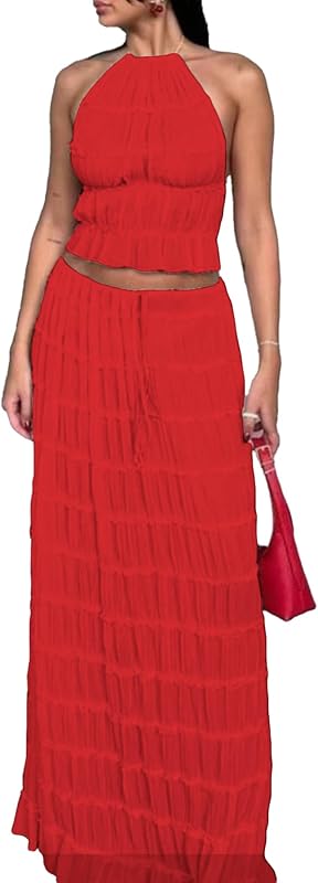Unybwonn Maxi Skirt Set Summer Two Piece Outfits Backless Backless Halter Top Pleated Flowy Long Skirts Y2k Beach Set