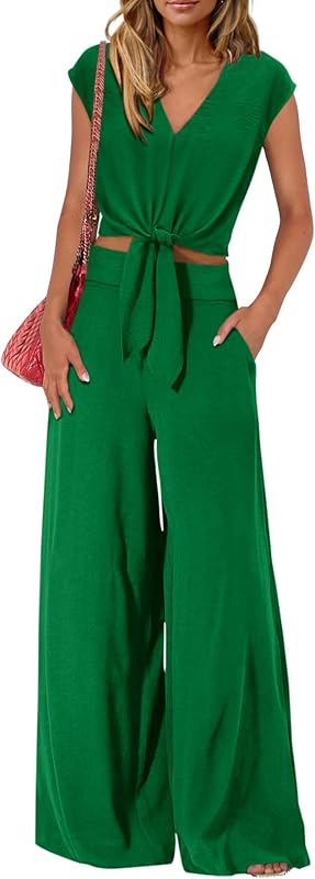 PRETTYGARDEN Women's Summer 2 Piece Outfits 2025 Cap Sleeve V Neck Belted Crop Tops Wide Leg Pant Sets Casual Tracksuit