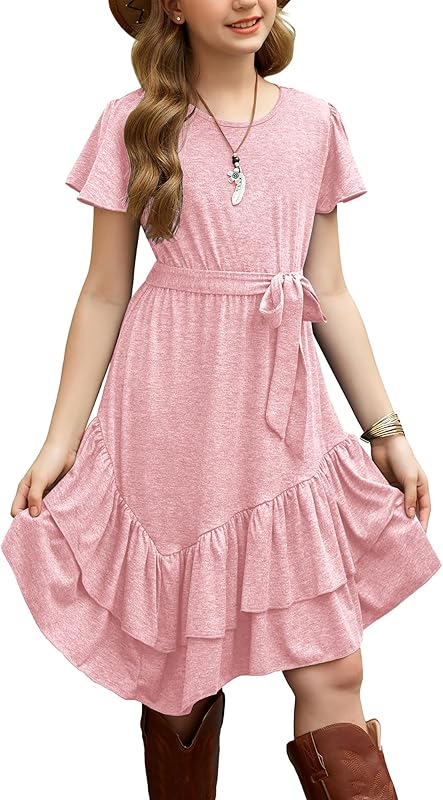 Arshiner Girls Dresses Loose Plain Casual Ruffle Swing Midi Dress with Belt for 5-14 Years