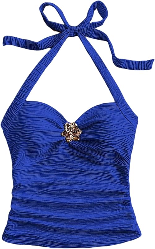SOLY HUX Women's V Neck Halter Tops Open Back Y2k Ruched Floral Metal Summer Going Out Cami Tops