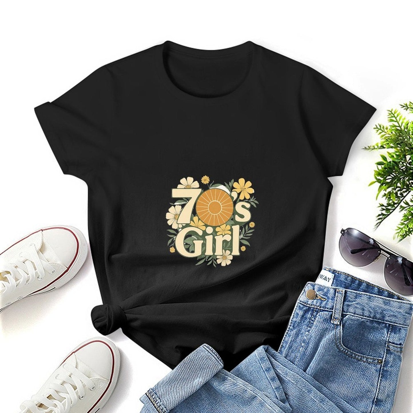 Gildan T-shirt Women 70s Floral Retro Vibes Spring and Summer Round Neck Short - sleeved Tops Women's Casual Sports T-shirt - TrendyLookz